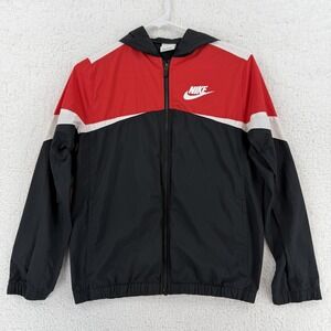 Nike Jacket Boys Large Black Red Hooded Full Zip Windbreaker Colorblock